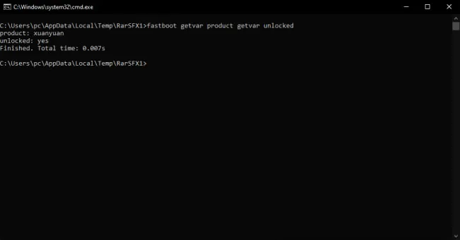 Fastboot terminal showing unlocked: yes